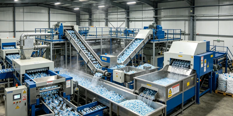 Complete PET bottle recycling line operating in a mid-sized recycling plant